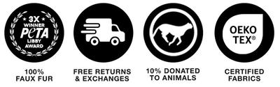 SpiritHoods Highlights: 3x Peta Libby Award Winner, Free Returns & Exchanges, 10% of profits donated to wildlife, OEKO TEX certified fabrics.